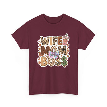 Wife Mom Boss Leopard Graphic Tee – Cute Mom Life Shirt with Bow & Coffee Printify