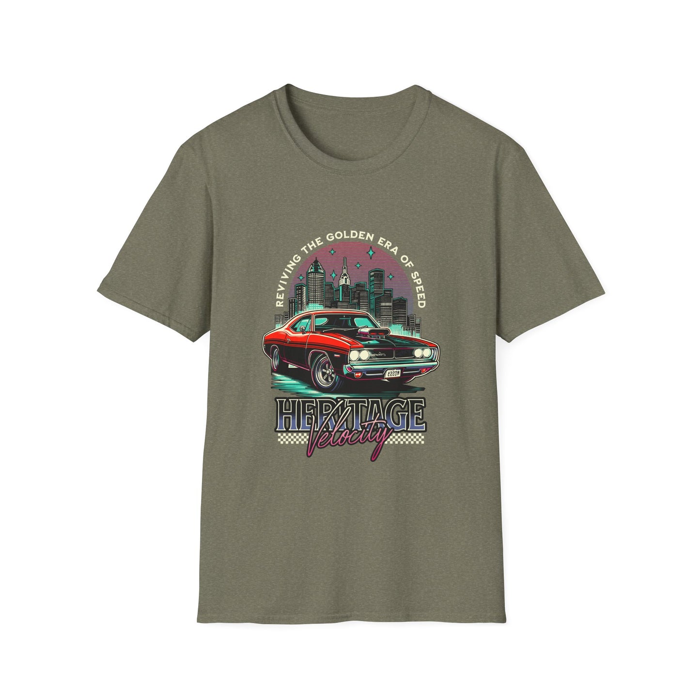 Heritage Velocity Unisex Softstyle T-Shirt - Retro Car Design for Classic Car Lovers - CreativeRino