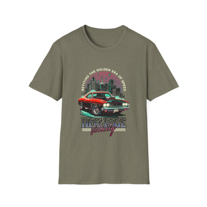Heritage Velocity Unisex Softstyle T-Shirt - Retro Car Design for Classic Car Lovers - CreativeRino