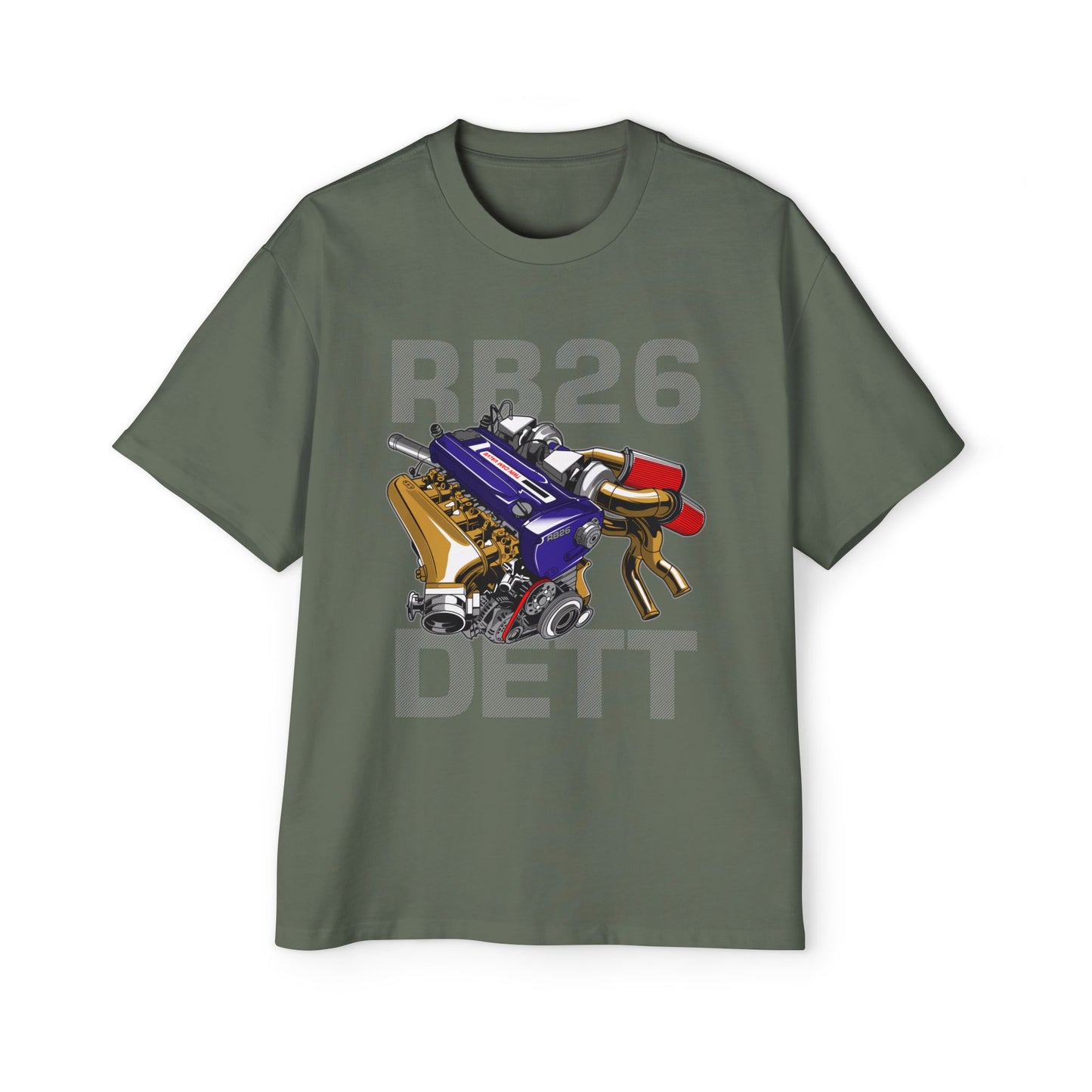 Men's Heavy Oversized Tee - RB26 DETT Engine Graphic T-Shirt for Car Enthusiasts - CreativeRino