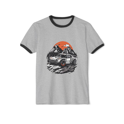 Vintage Car Adventure Unisex Cotton Ringer T-Shirt - Retro Mountain Graphic Tee - CreativeRino