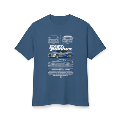Fast & Furious Heavyweight Cotton Tee - Nissan Skyline GT-R 34 Graphic T-Shirt for Car Enthusiasts - CreativeRino
