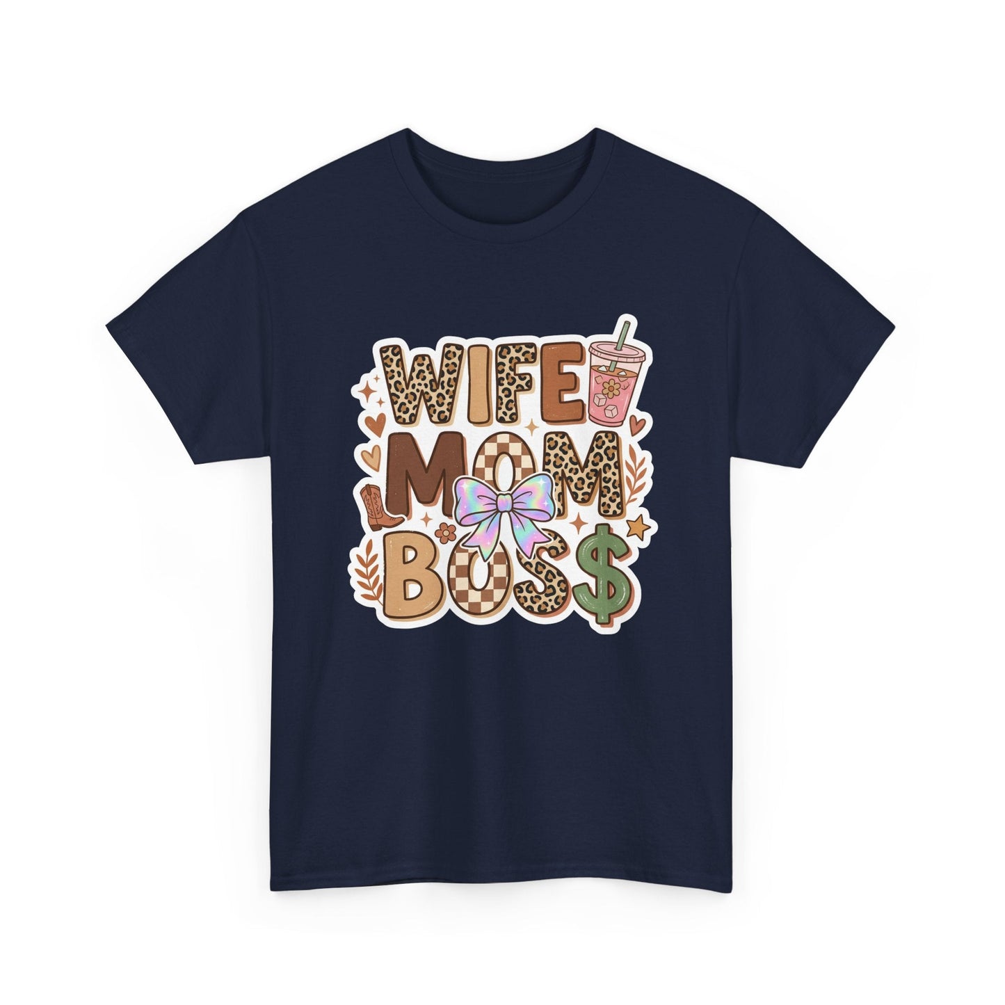 Wife Mom Boss Leopard Graphic Tee – Cute Mom Life Shirt with Bow & Coffee Printify