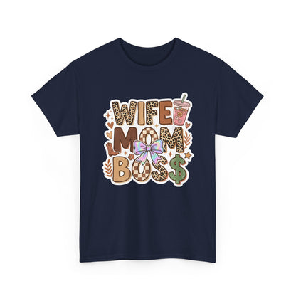 Wife Mom Boss Leopard Graphic Tee – Cute Mom Life Shirt with Bow & Coffee Printify