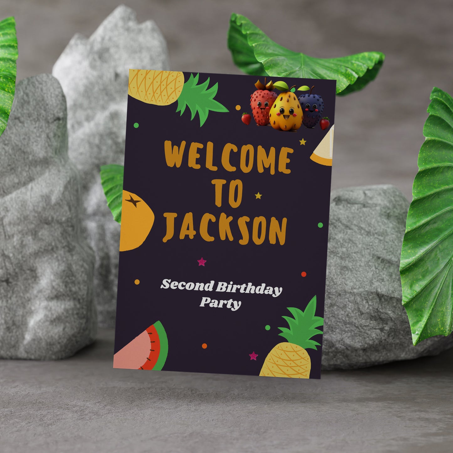 Hey Bear Dancing Fruit Birthday Welcome Sign Template - CreativeRino