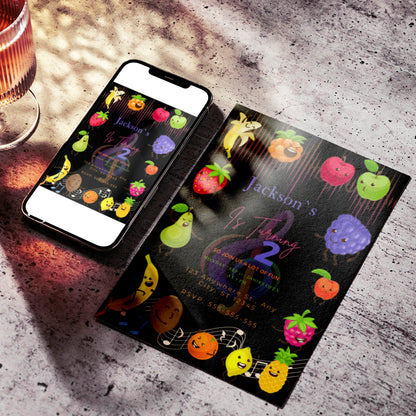 Hey Bear Dancing Fruit Birthday Invitation Template - CreativeRino