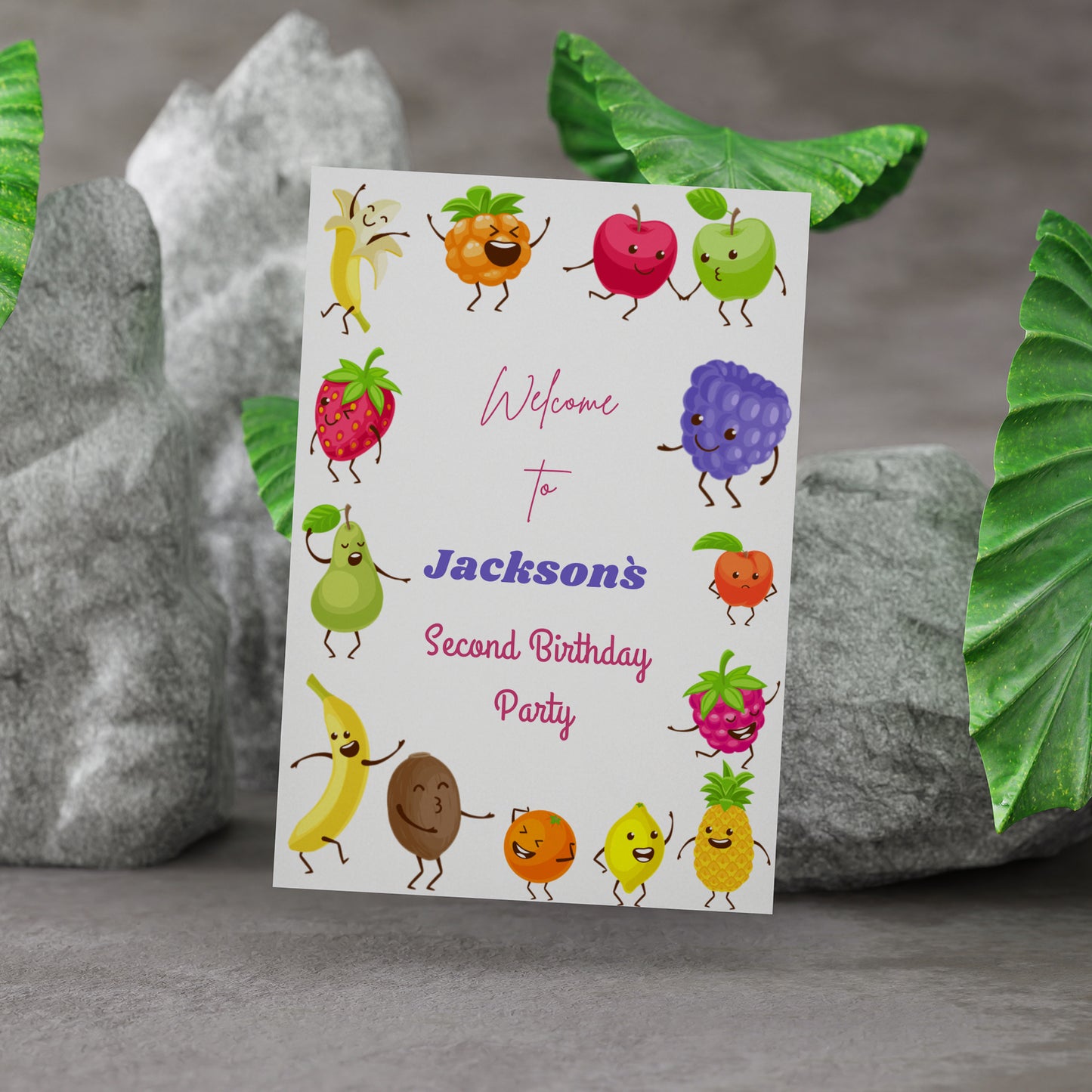 Hey Bear Dancing Fruit Birthday Welcome Sign Template - CreativeRino