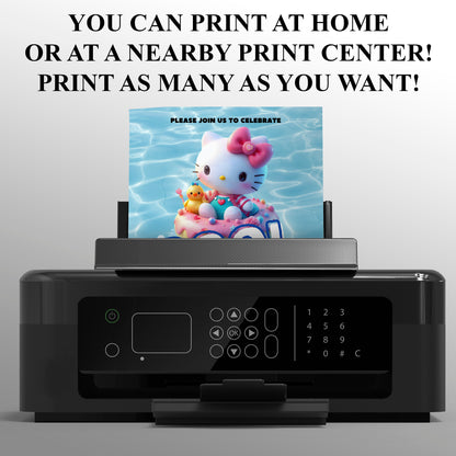 Kawaii Kitty Pool Birthday Party Invitation Template - CreativeRino