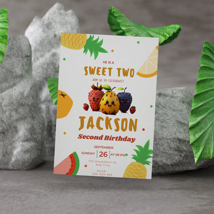 Hey Bear Dancing Fruit Birthday Invitation Template - CreativeRino