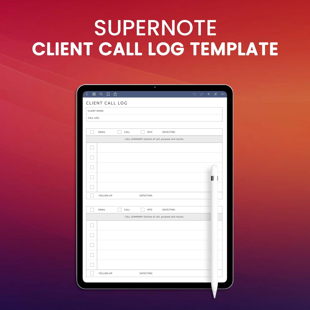 Client Call Notes Supernote Client Call Log Template Planner Template – CreativeRino