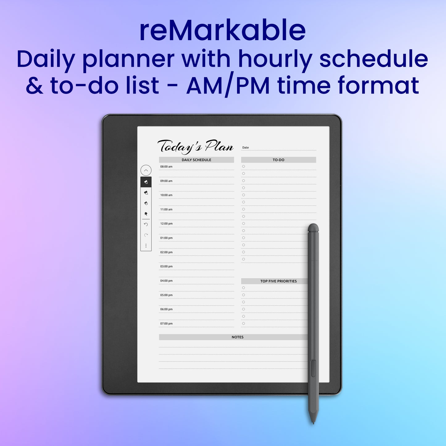 reMarkable 2 Daily Planner With Hourly Schedule & To-Do List - AMPM Time Format Planner Template