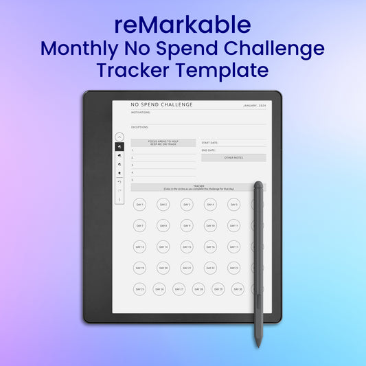 reMarkable 2 Monthly No Spend Challenge Tracker Template Planner Template