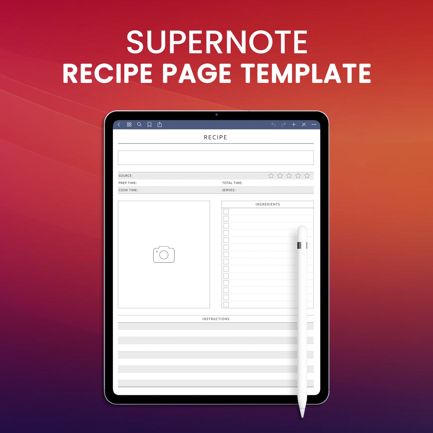 Supernote Recipe Page Template Planner Template