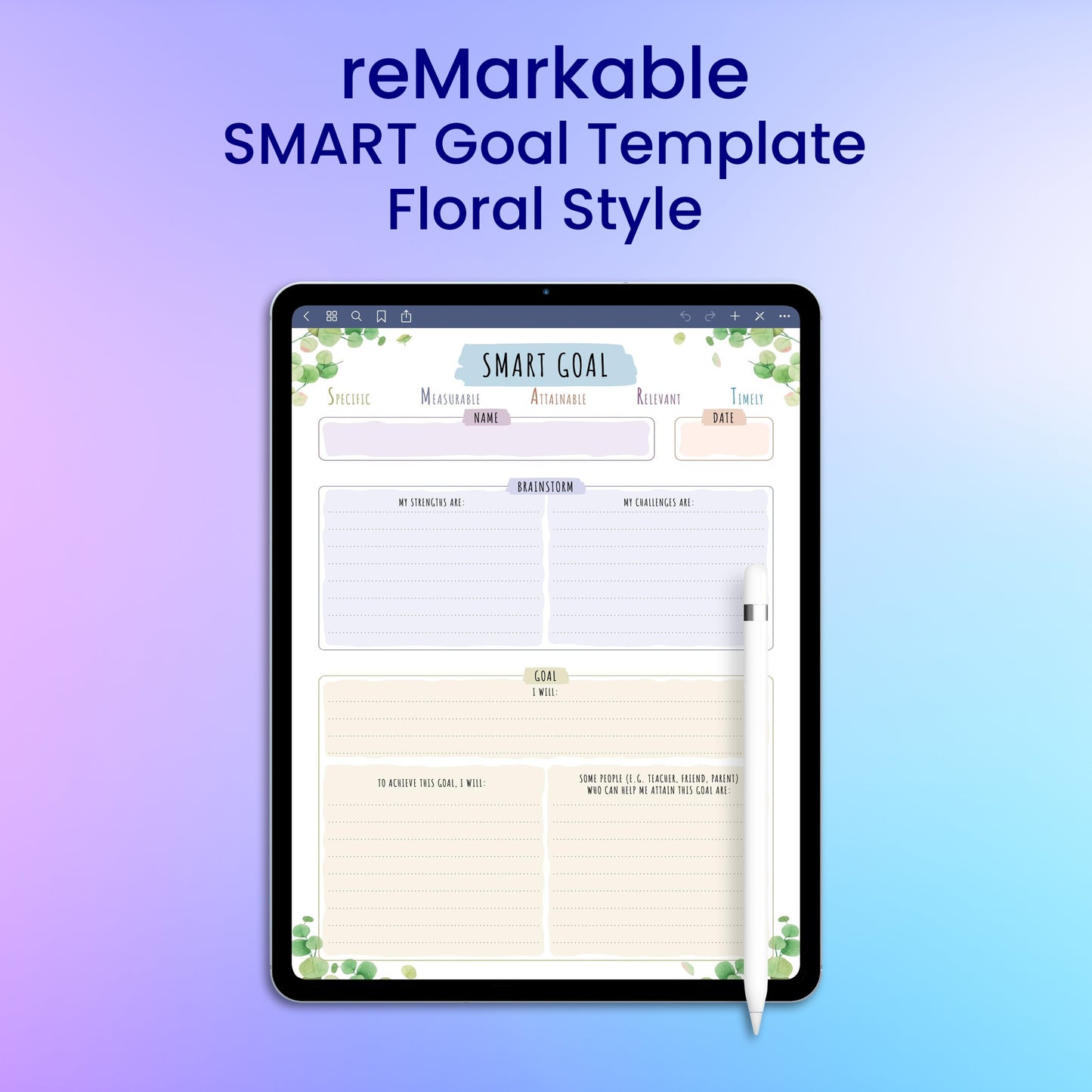 reMarkable 2 SMART Goal Template - Floral Style Planner Template