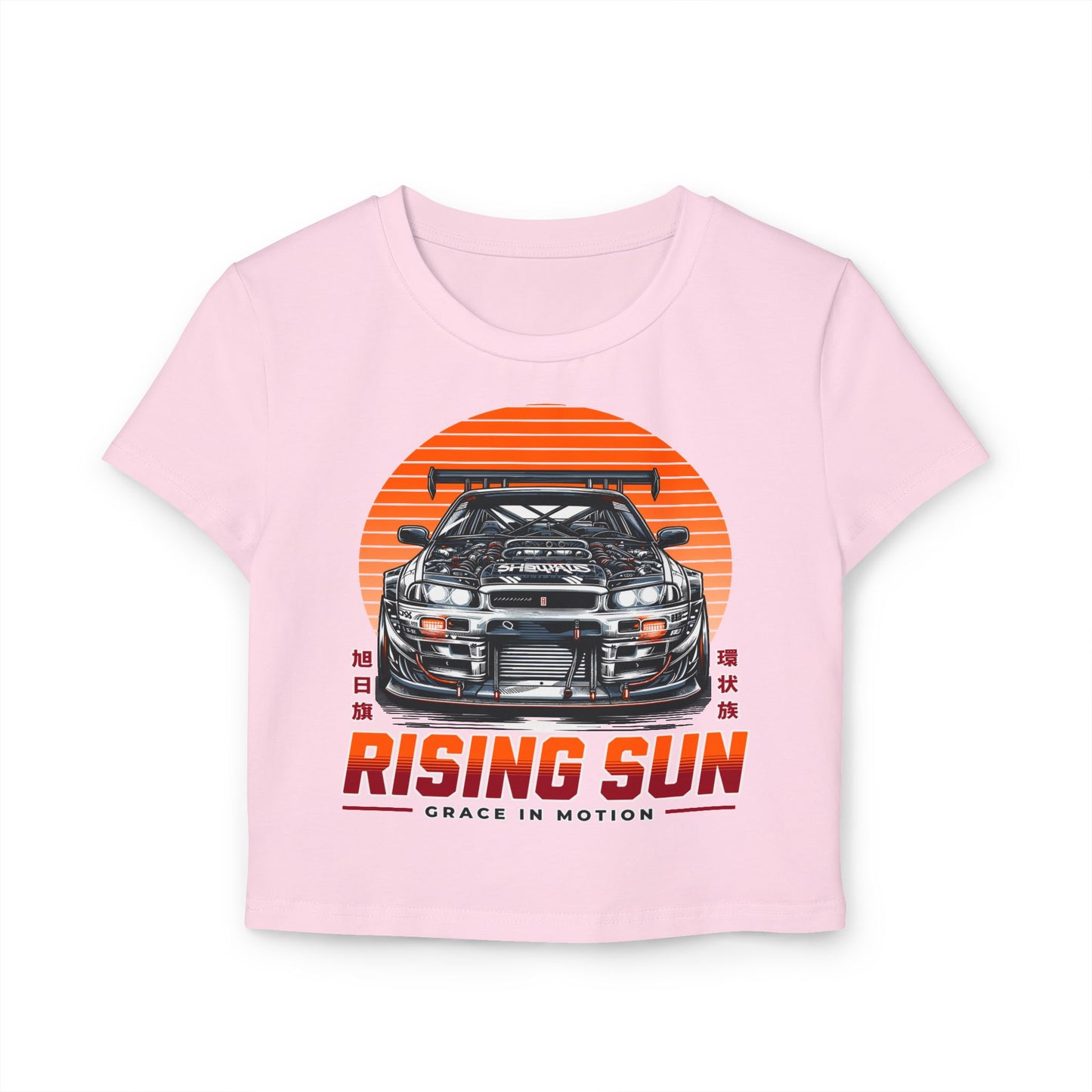 Rising Sun Women's Baby Tee - Stylish Automotive Graphic T-shirt - CreativeRino