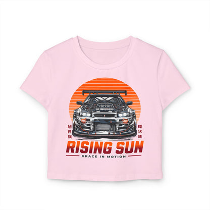 Rising Sun Women's Baby Tee - Stylish Automotive Graphic T-shirt - CreativeRino
