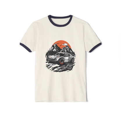 Vintage Car Adventure Unisex Cotton Ringer T-Shirt - Retro Mountain Graphic Tee - CreativeRino