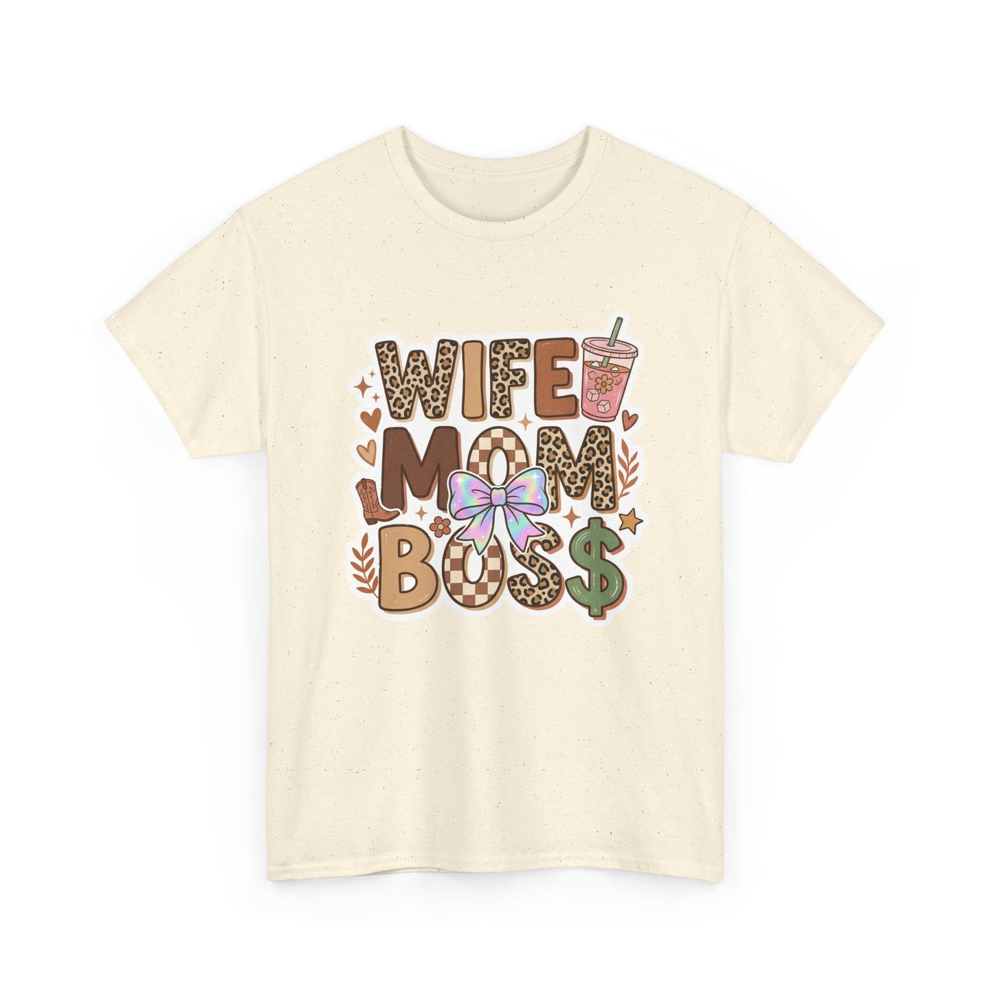 Wife Mom Boss Leopard Graphic Tee – Cute Mom Life Shirt with Bow & Coffee Printify