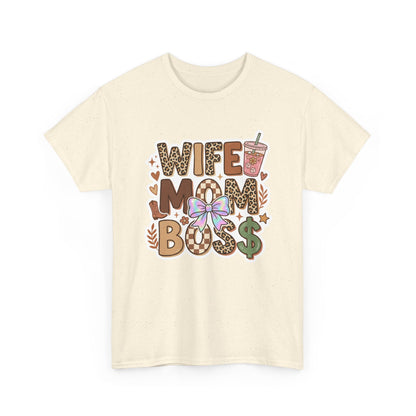 Wife Mom Boss Leopard Graphic Tee – Cute Mom Life Shirt with Bow & Coffee Printify