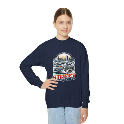 Street Dancer Youth Crewneck Sweatshirt - Fun and Trendy Graphic Sweatshirt for Young Car Enthusiasts - CreativeRino