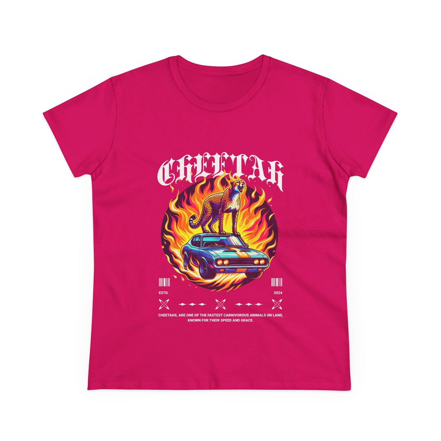 Cool Car and Cheetah Graphic Women's Tee Midweight Cotton T-shirt - CreativeRino
