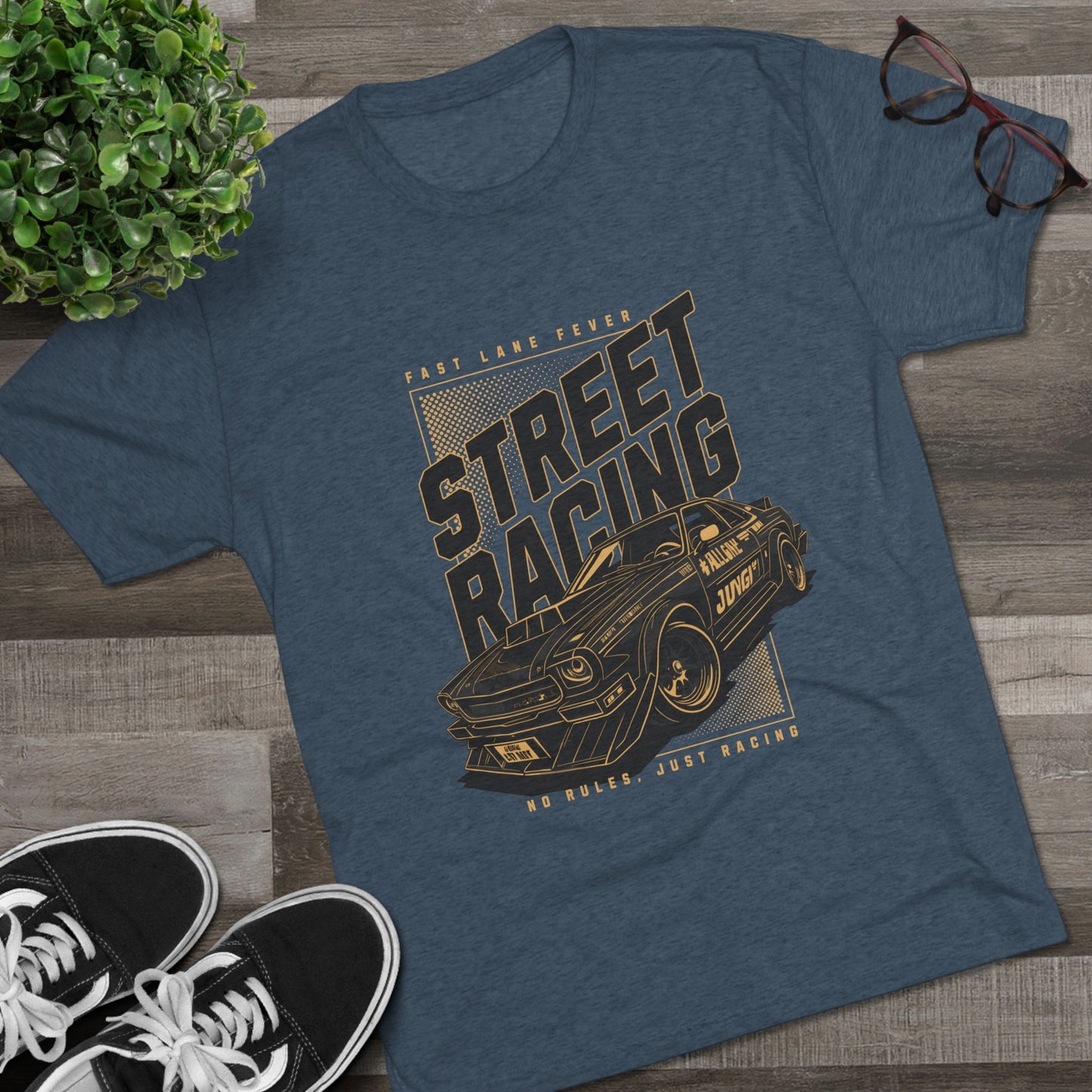 Street Racing Car Unisex Tri-Blend Crew Tee - Fast Lane Fever Graphic T-Shirt - CreativeRino