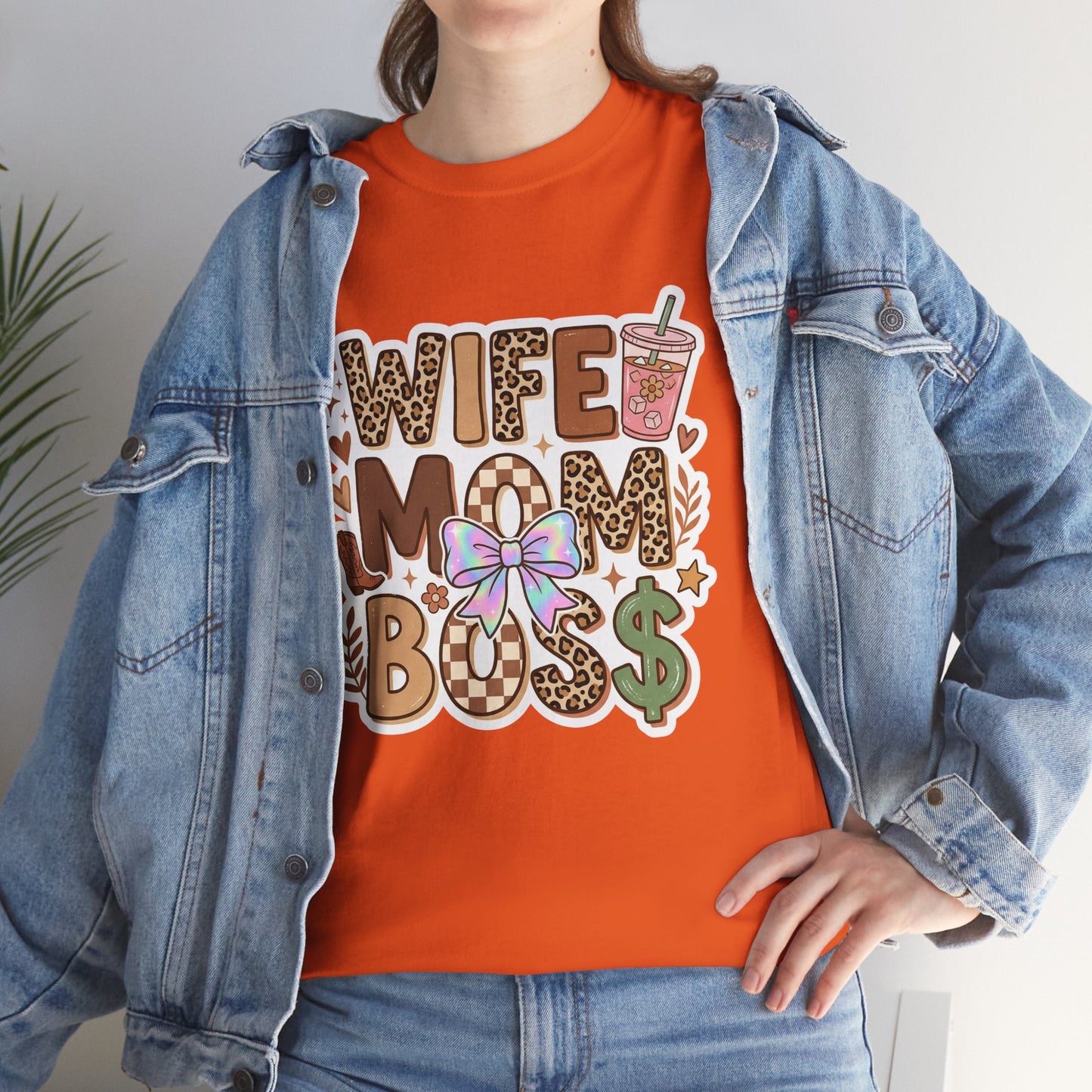 Wife Mom Boss Leopard Graphic Tee – Cute Mom Life Shirt with Bow & Coffee Printify