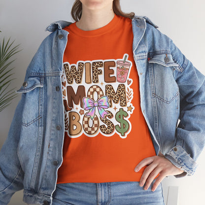 Wife Mom Boss Leopard Graphic Tee – Cute Mom Life Shirt with Bow & Coffee Printify