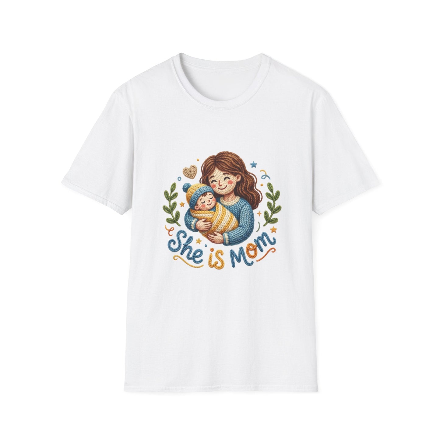 She Is Mom T-Shirt — Cute Mom & Baby Illustration, Mother’s Day Gift Tee Printify