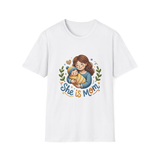 She Is Mom T-Shirt — Cute Mom & Baby Illustration, Mother’s Day Gift Tee Printify