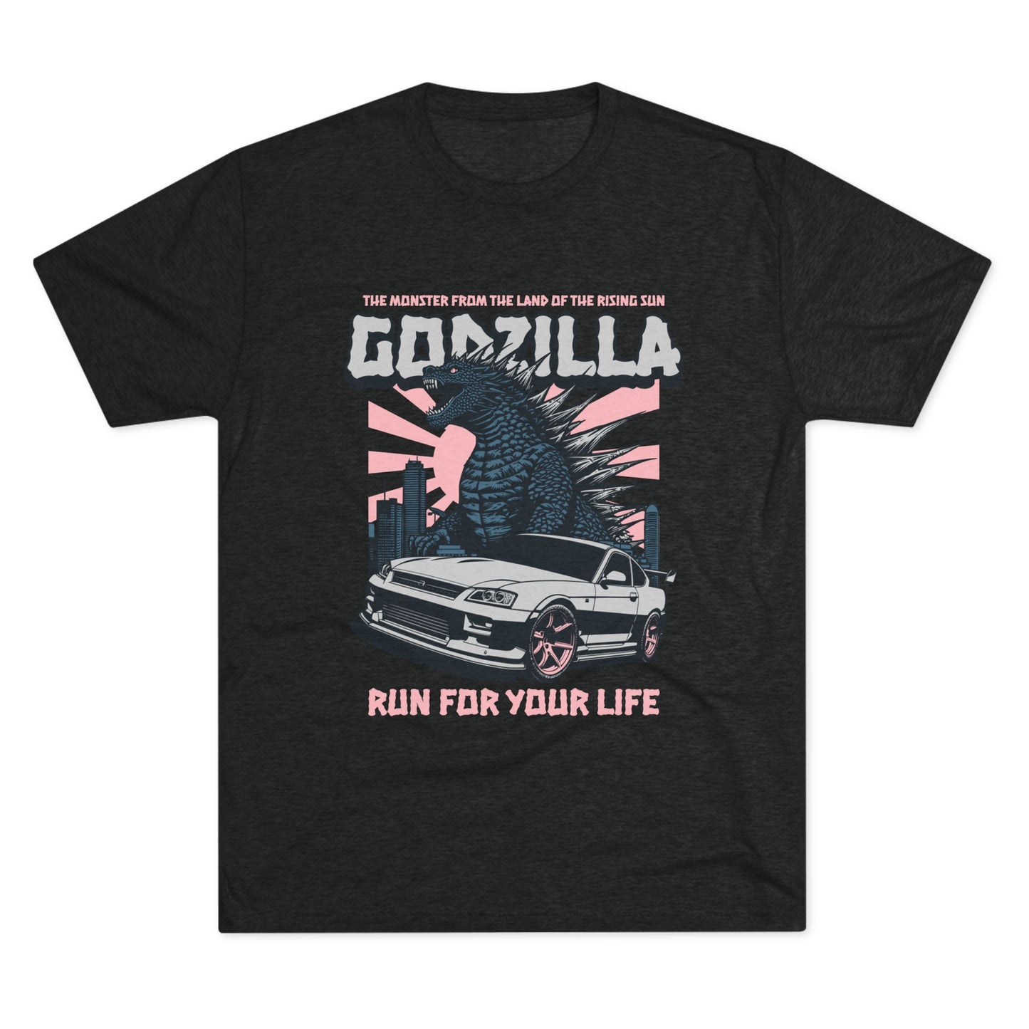 Godzilla Monster Unisex Tri-Blend Crew Tee - Run for Your Life Car T-shirt - CreativeRino