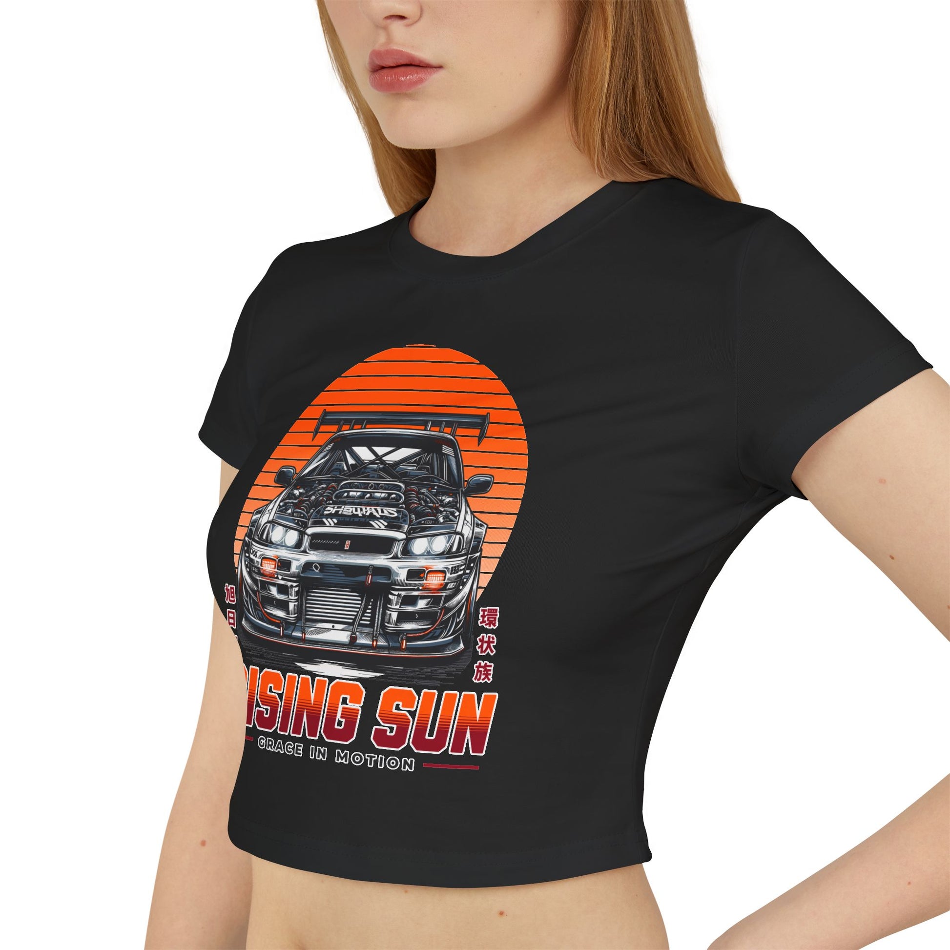 Rising Sun Women's Baby Tee - Stylish Automotive Graphic T-shirt - CreativeRino