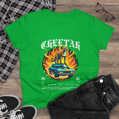 Cool Car and Cheetah Graphic Women's Tee Midweight Cotton T-shirt - CreativeRino