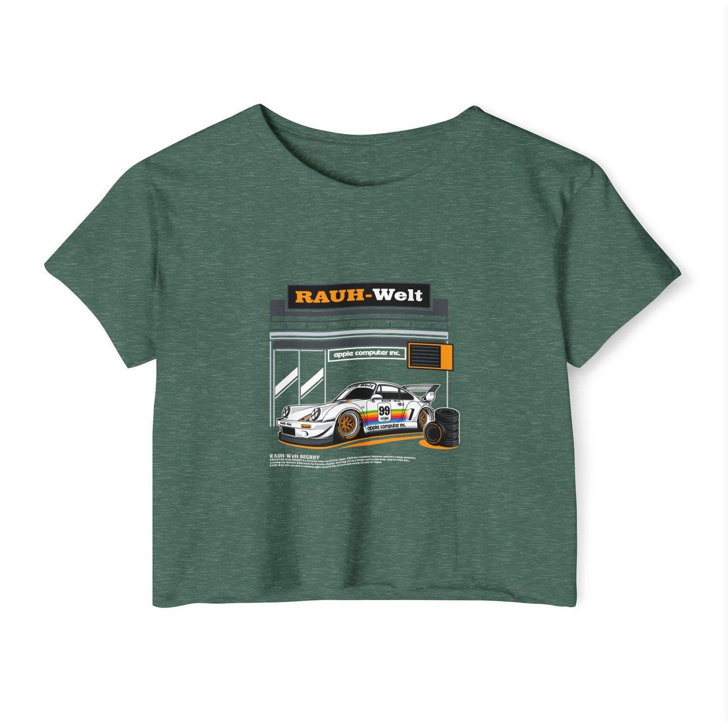 Rauh-Welt Women's Festival Crop Top - Stylish Orange Graphic T-shirt for Car Enthusiasts - CreativeRino