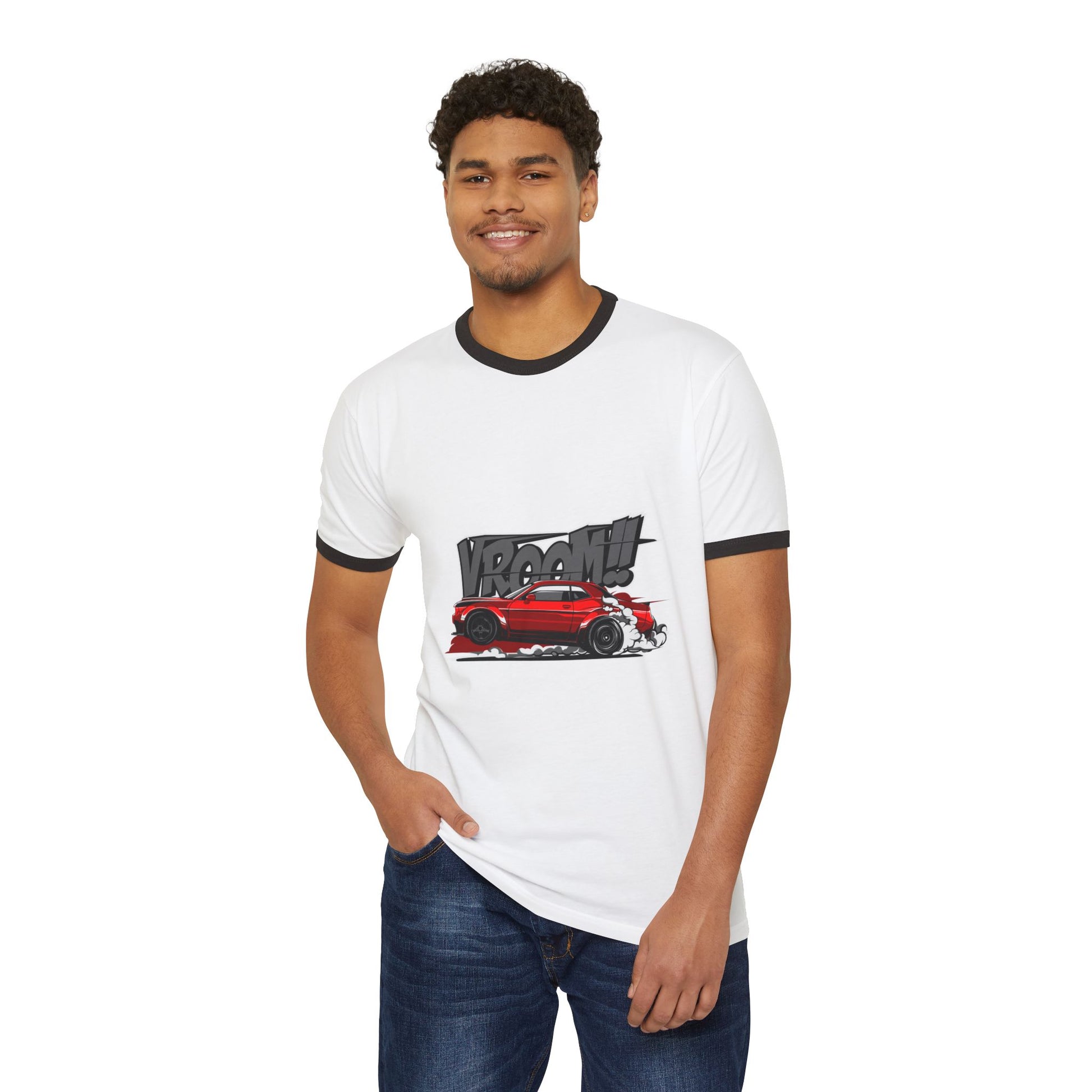 Vroom! Unisex Cotton Ringer T-Shirt for Car Enthusiasts - CreativeRino