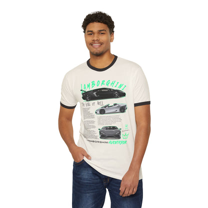 Lamborghini Aventador Ringer T-Shirt - King of Hell Graphic Tee for Car Enthusiasts - CreativeRino
