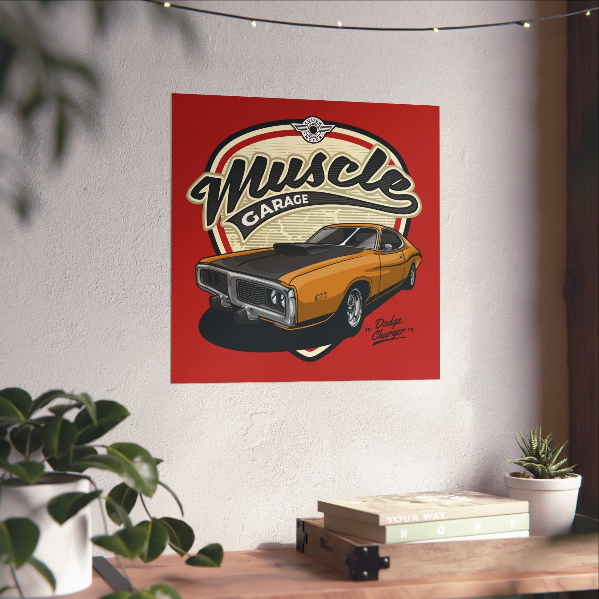 Muscle Garage Vintage Car Poster - Classic Dodge Charger Art Print for Auto Enthusiasts - CreativeRino