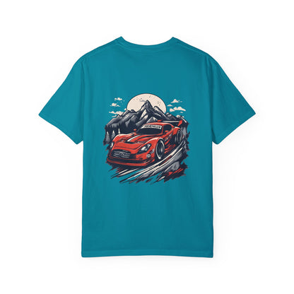 Adventure Awaits Unisex Garment-Dyed T-shirt - Red Sports Car Design - CreativeRino