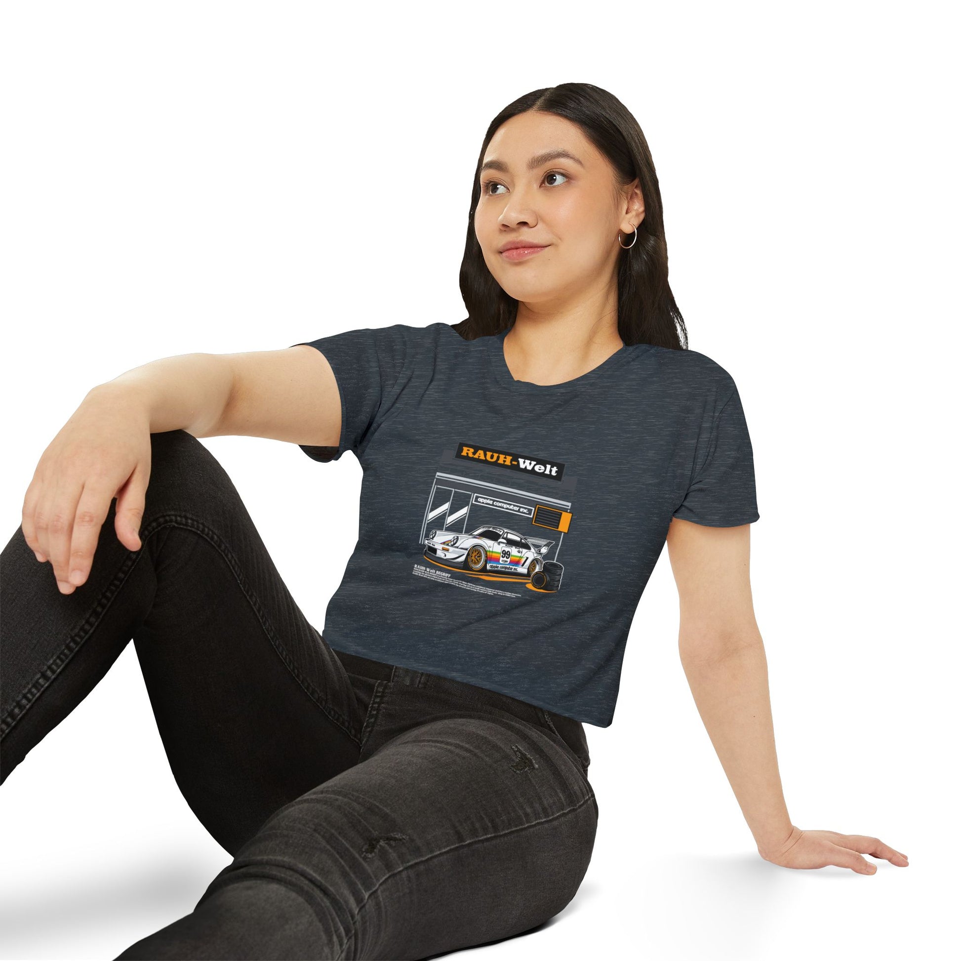 Rauh-Welt Women's Festival Crop Top - Stylish Orange Graphic T-shirt for Car Enthusiasts - CreativeRino