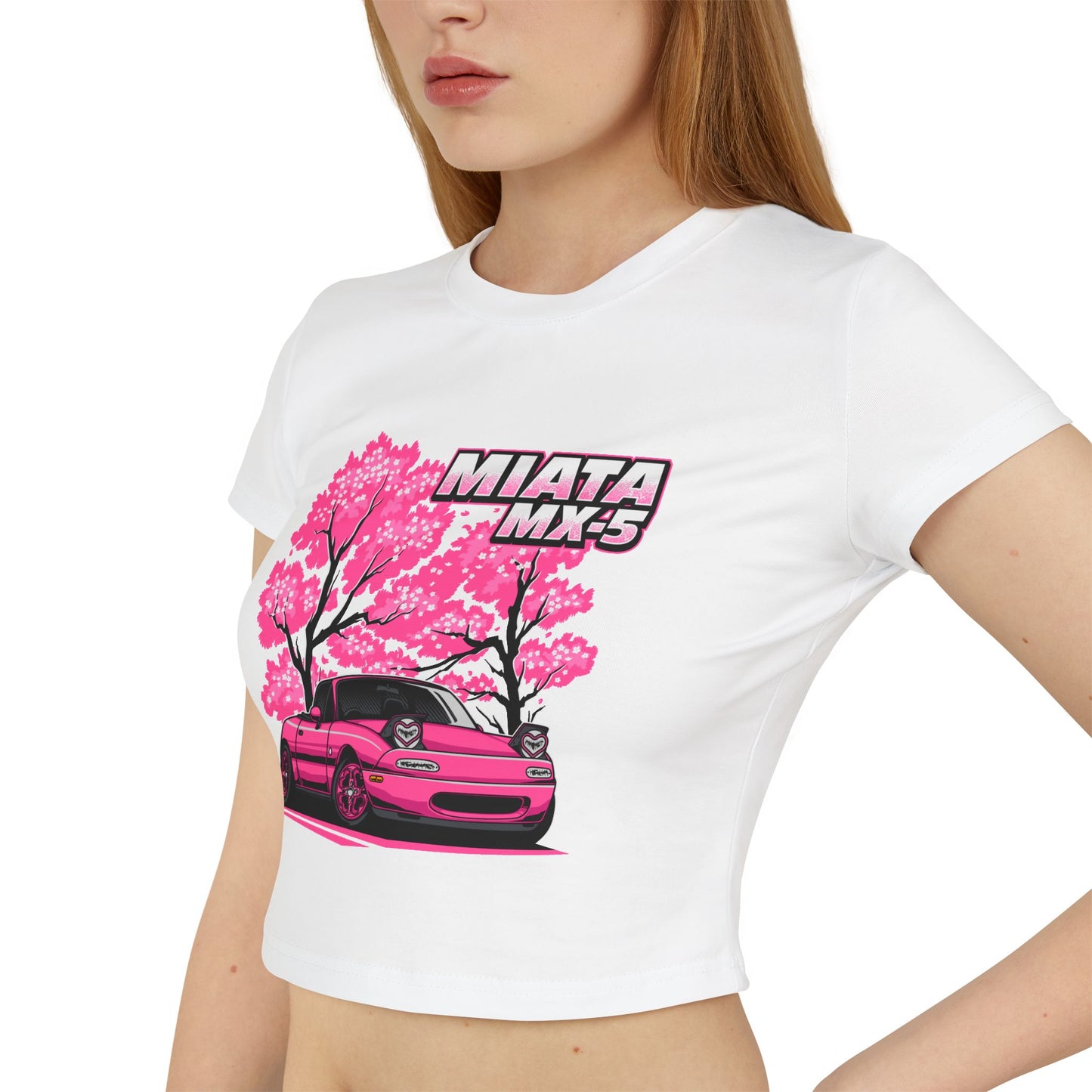 Women's Miata MX-5 Baby Tee | Pink Cherry Blossom Design | Car Enthusiast Shirt - CreativeRino