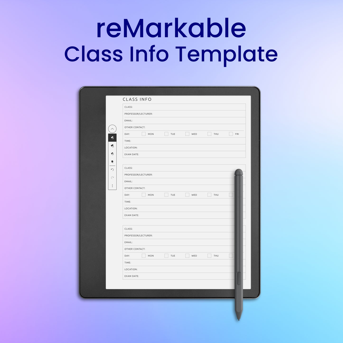 reMarkable 2 Class Info Template Planner Template