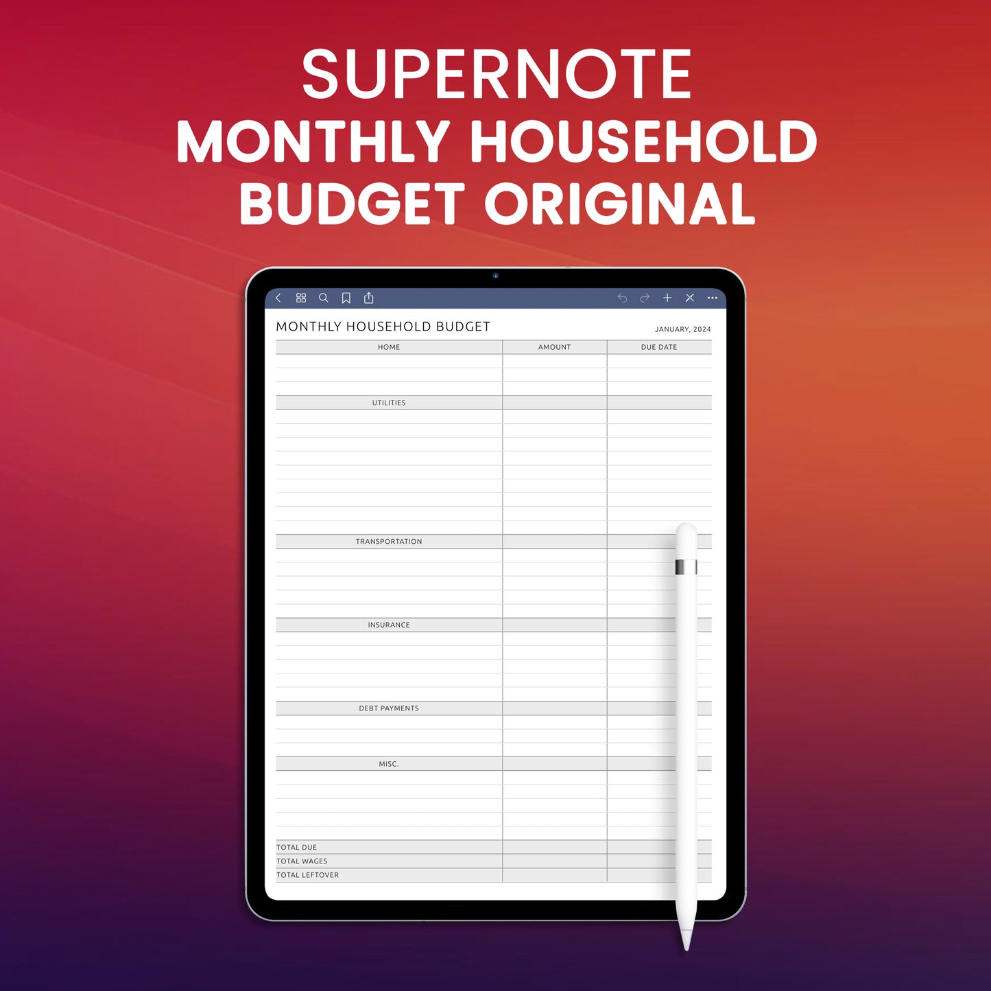 Supernote Monthly Household Budget Original Planner Template