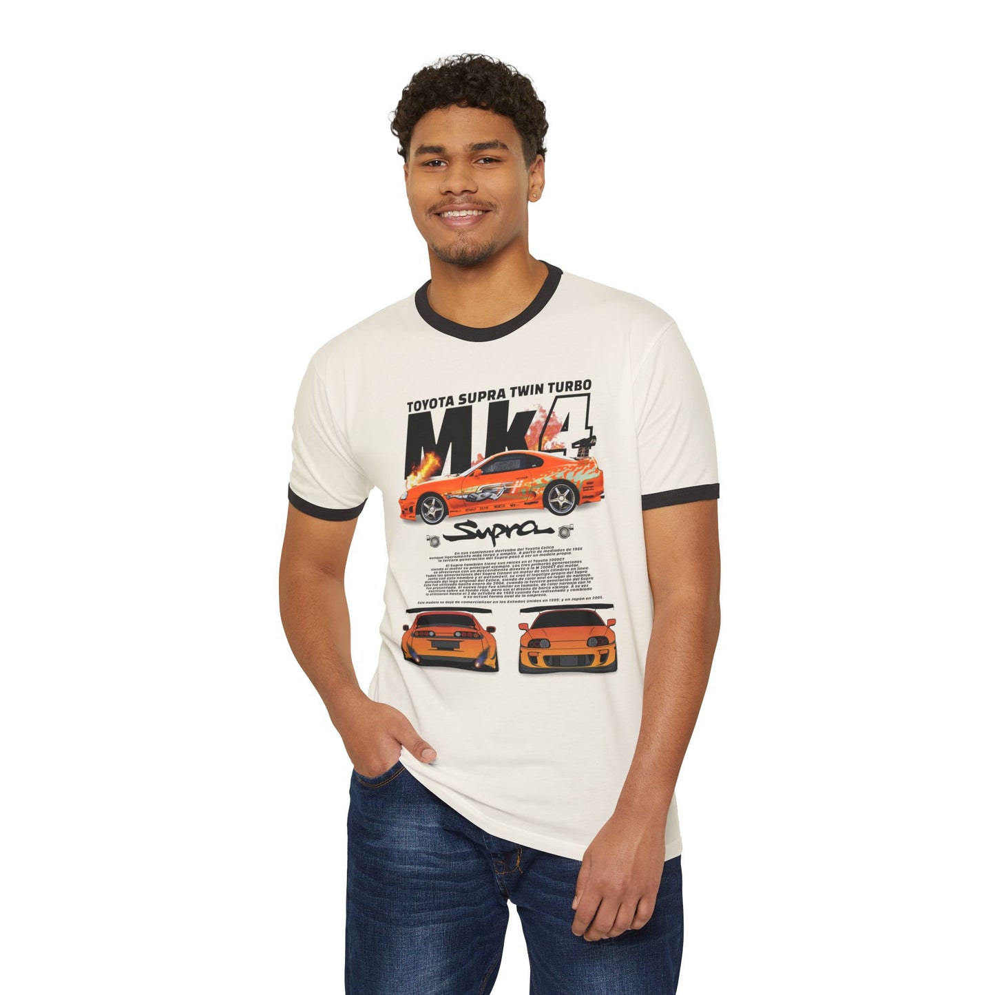 Unisex Cotton Ringer T-Shirt - Toyota Supra Twin Turbo Performance Tee - CreativeRino