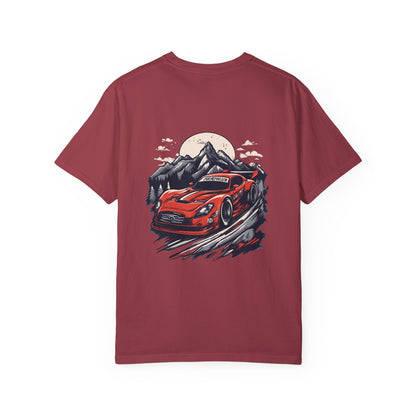 Adventure Awaits Unisex Garment-Dyed T-shirt - Red Sports Car Design - CreativeRino