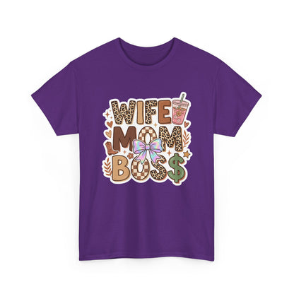 Wife Mom Boss Leopard Graphic Tee – Cute Mom Life Shirt with Bow & Coffee Printify