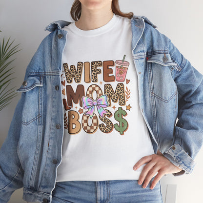 Wife Mom Boss Leopard Graphic Tee – Cute Mom Life Shirt with Bow & Coffee Printify