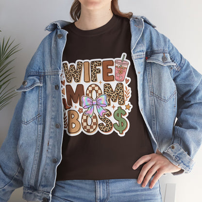 Wife Mom Boss Leopard Graphic Tee – Cute Mom Life Shirt with Bow & Coffee Printify