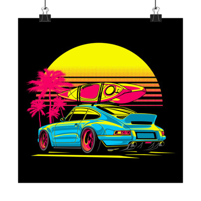 Retro Beach Vibes Matte Square Poster - Neon Car & Surfboard Design - CreativeRino