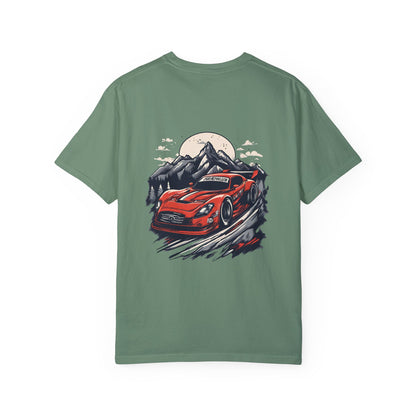 Adventure Awaits Unisex Garment-Dyed T-shirt - Red Sports Car Design - CreativeRino
