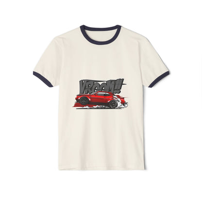 Vroom! Unisex Cotton Ringer T-Shirt for Car Enthusiasts - CreativeRino